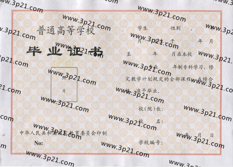 1996-1997年大学大专毕业证样本
