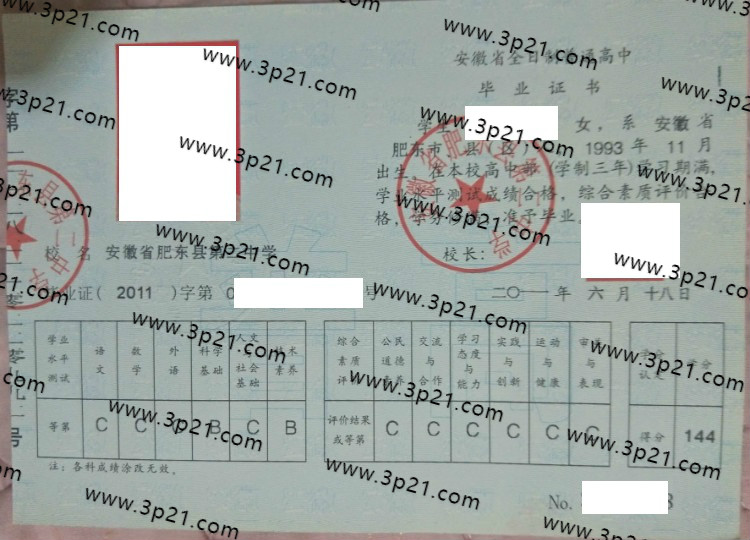 安徽省肥东县第三中学毕业证样本