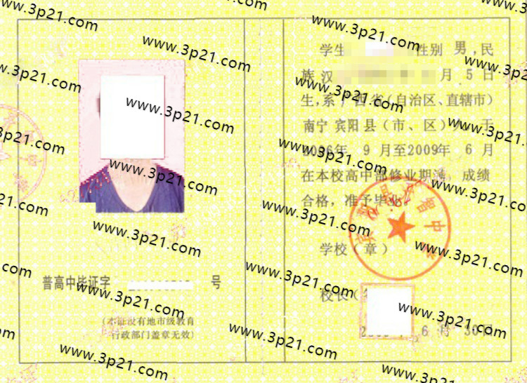 宾阳县开智中学毕业证样本