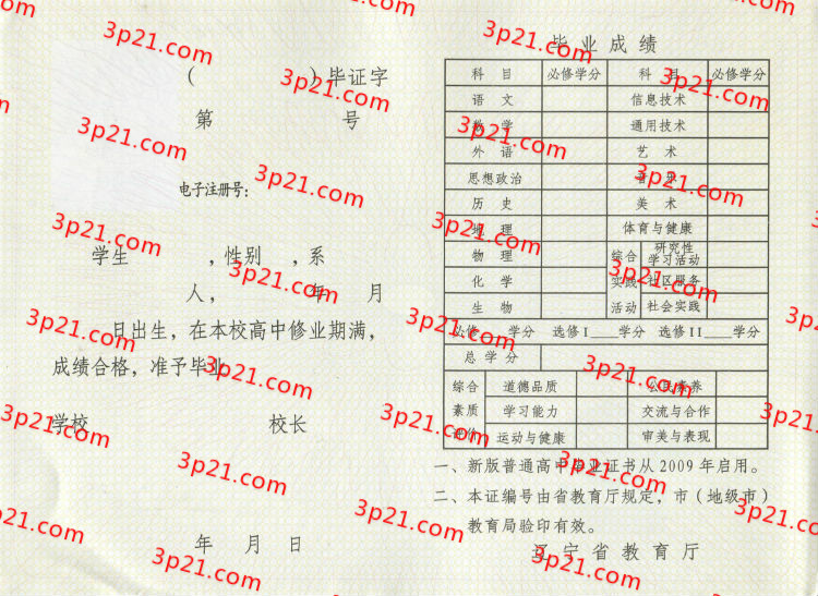历届辽宁省高中毕业证样本图片