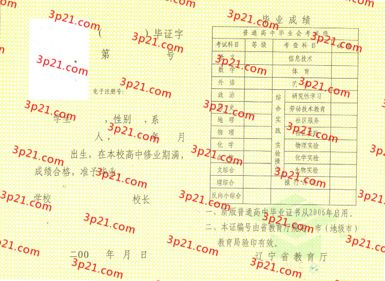 历届辽宁省高中毕业证样本图片