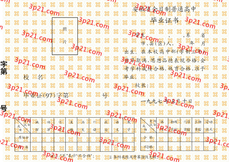 历届安徽省高中毕业证样本图片