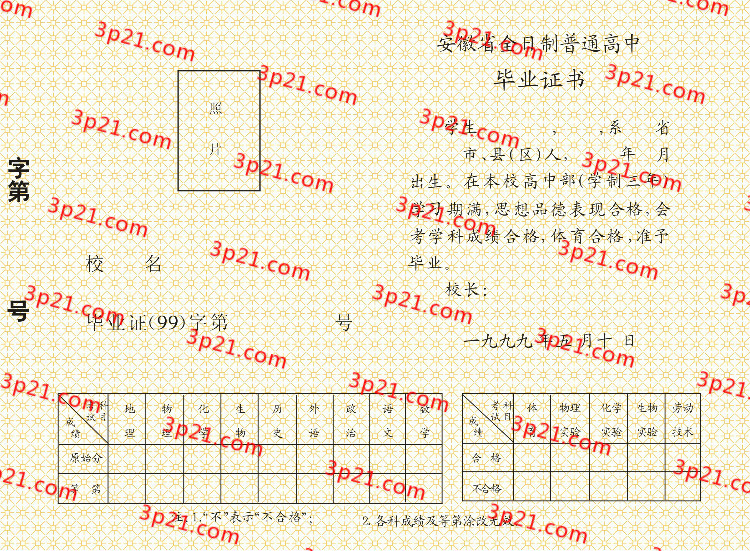 历届安徽省高中毕业证样本图片