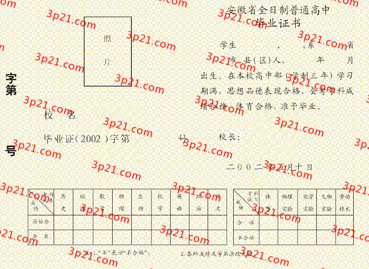 历届安徽省高中毕业证样本图片