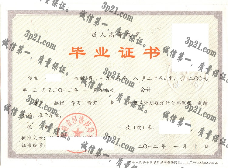 安徽粮食经济技师学院毕业证样本