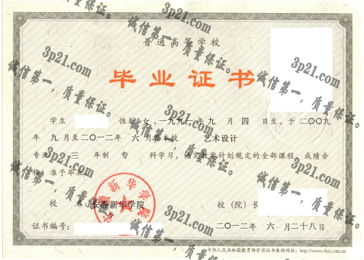 安徽新华学院毕业证样本