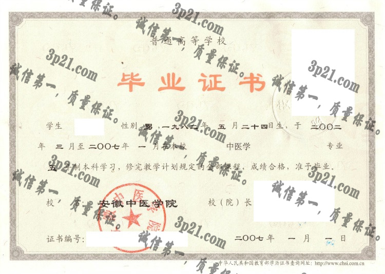 安徽中医学院毕业证样本