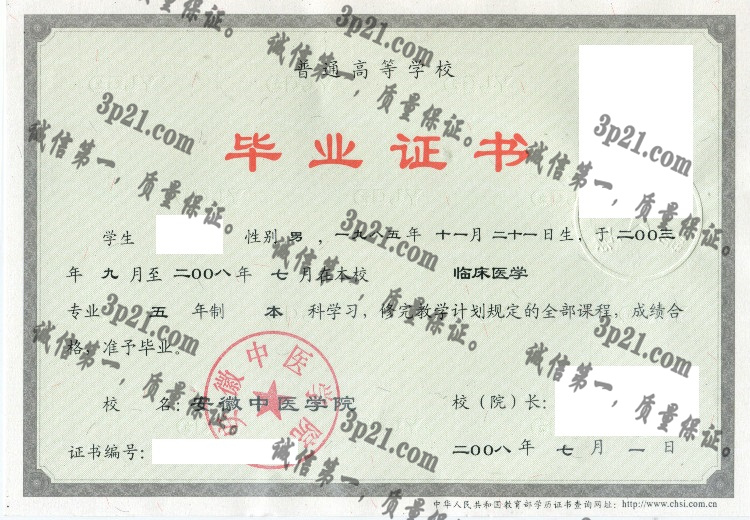 安徽中医学院毕业证样本