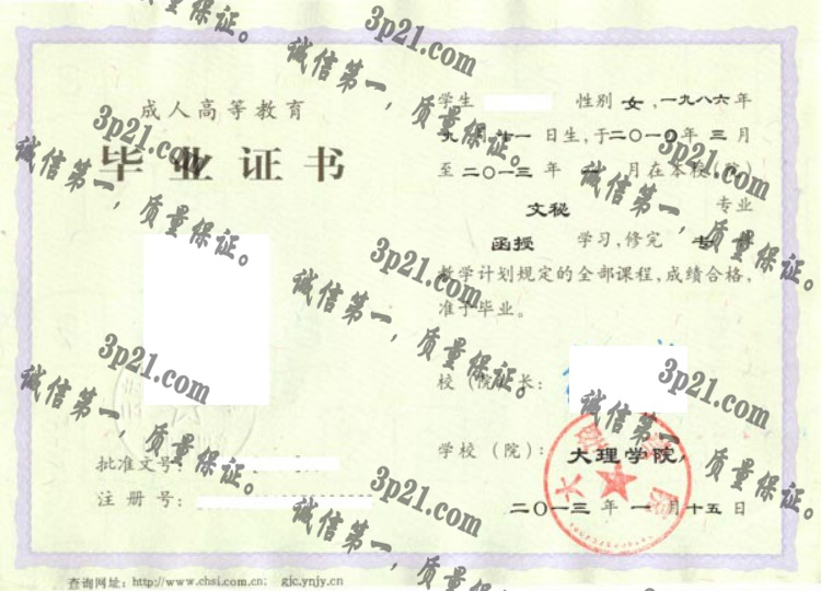 大理学院毕业证样本