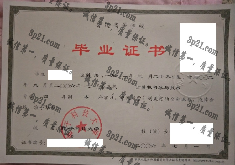 电子科技大学毕业证样本