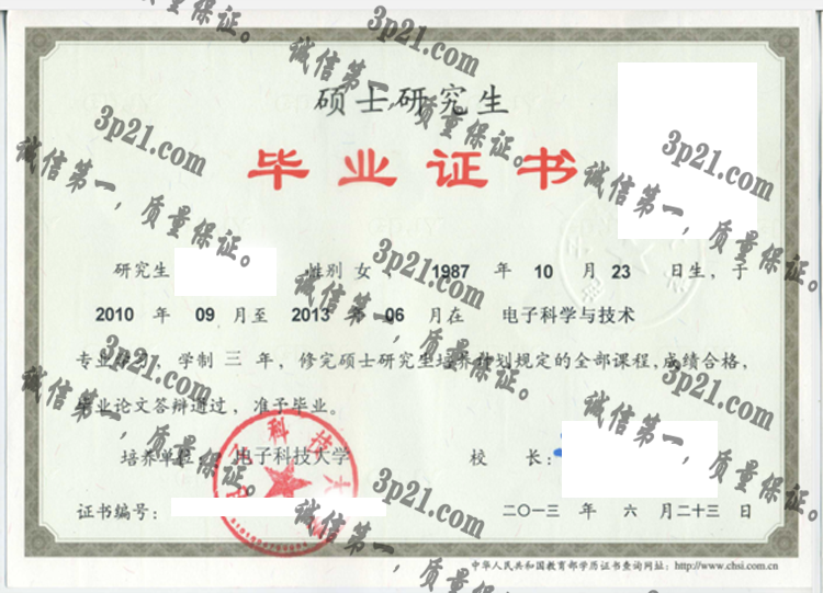电子科技大学毕业证样本