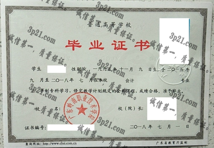 广东岭南职业技术学院毕业证样本