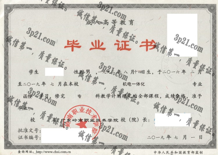 广东岭南职业技术学院毕业证样本