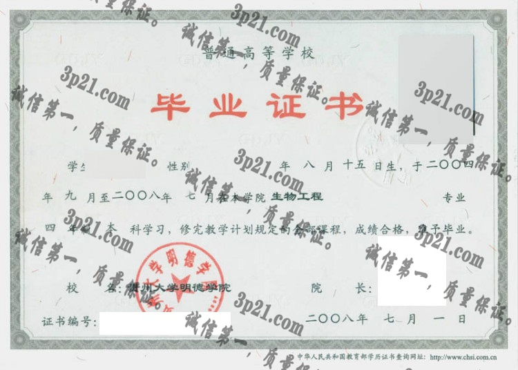 贵州大学明德学院毕业证样本