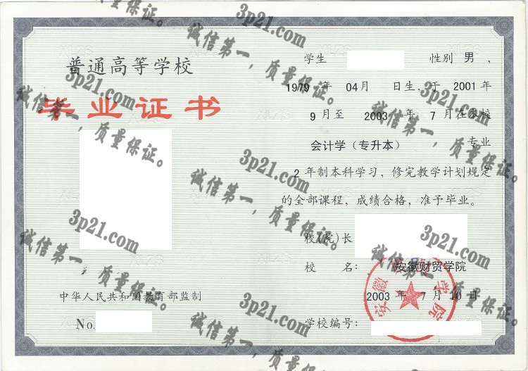 安徽财贸学院毕业证样本