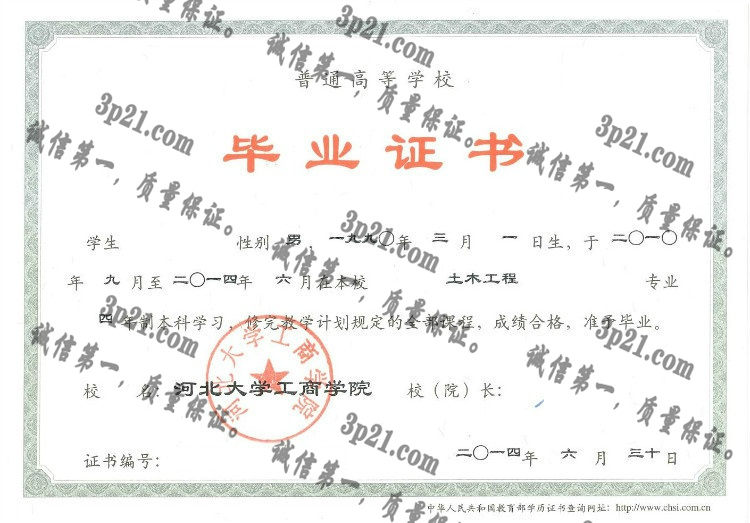 河北大学工商学院毕业证样本