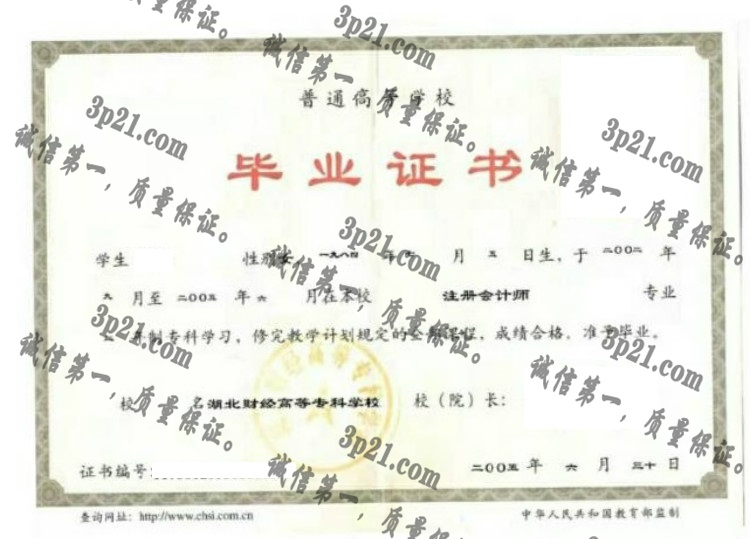 湖北财经高等专科学校毕业证样本