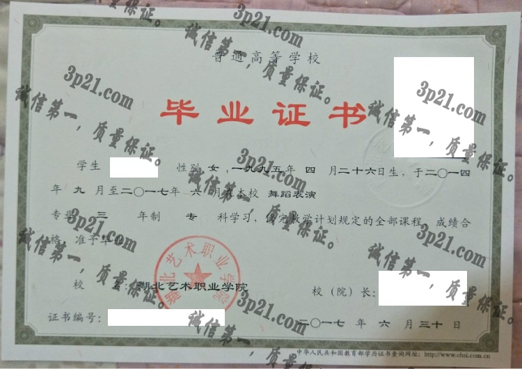 湖北艺术职业学院毕业证样本