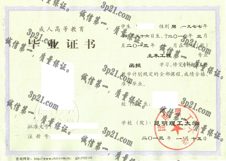 昆明理工大学毕业证样本