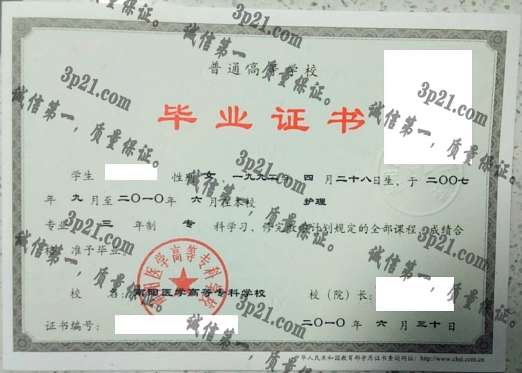 南阳医学高等专科学校毕业证样本