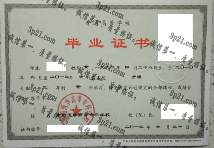 南阳医学高等专科学校毕业证样本