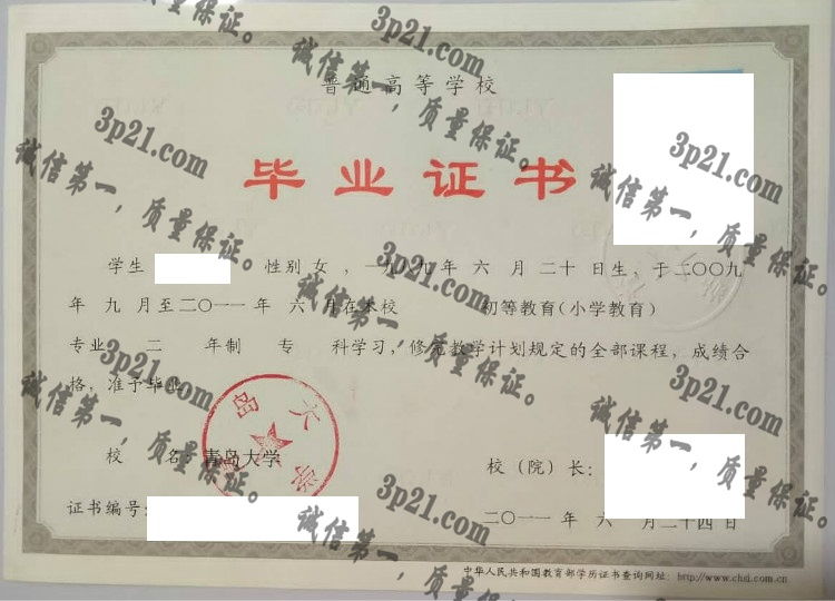 青岛大学毕业证样本