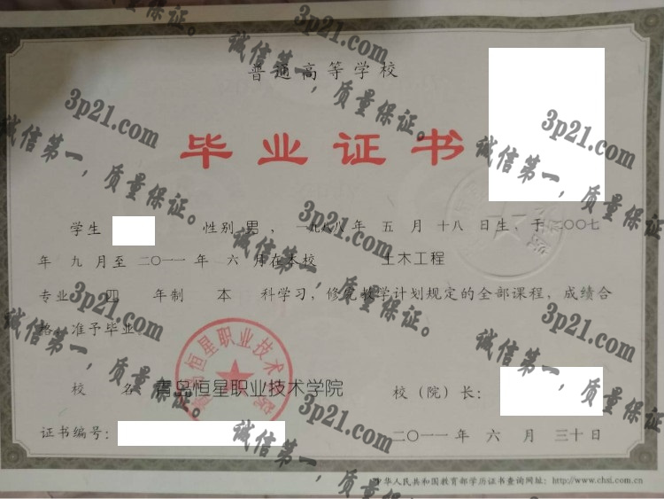 青岛恒星职业技术学院毕业证样本