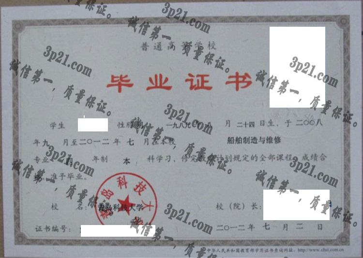 青岛科技大毕业证样本