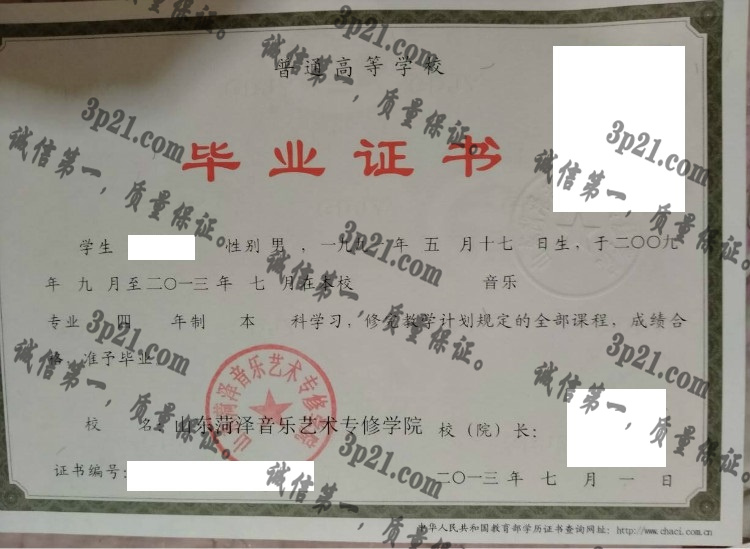 山东菏泽音乐艺术专修学院毕业证样本