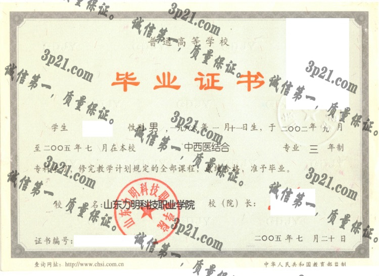 山东力明科技职业学院毕业证样本