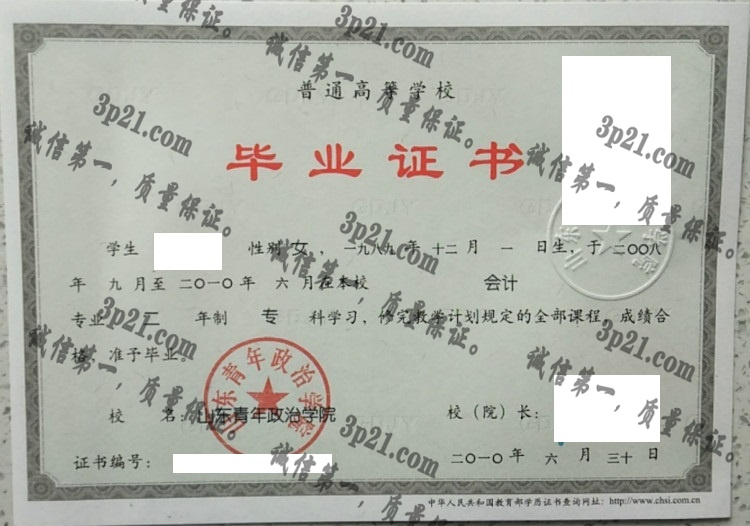 山东青年政治学院毕业证样本