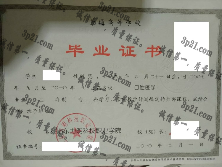 山东力明科技职业学院毕业证样本