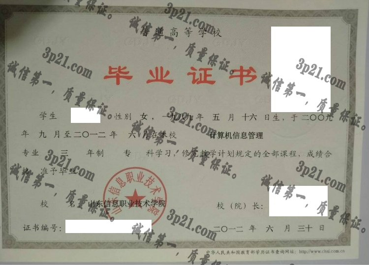 山东信息职业技术学院毕业证样本