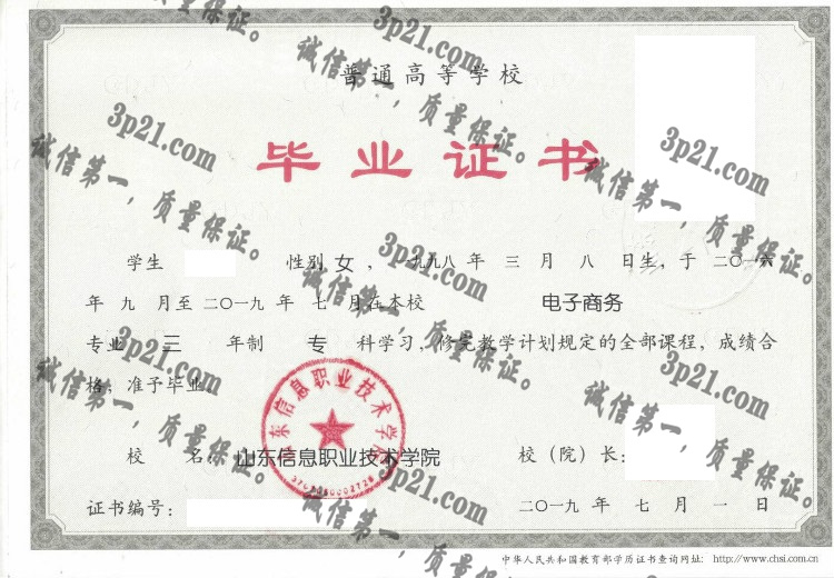 山东信息职业技术学院毕业证样本