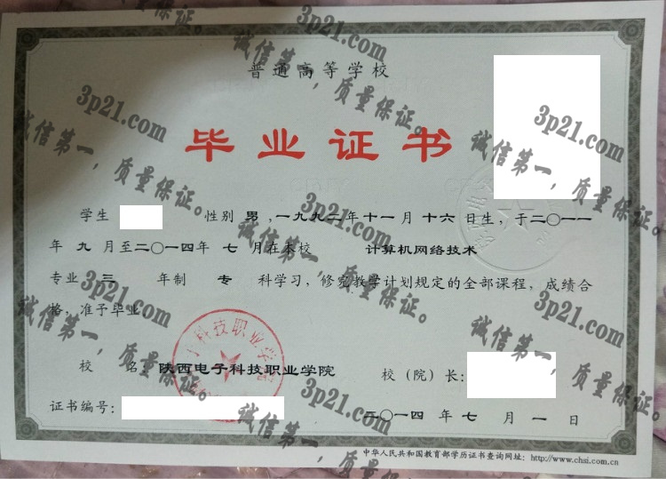 陕西电子科技职业学院毕业证样本