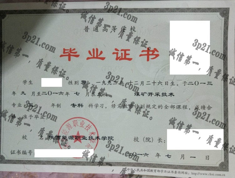 陕西能源职业技术学院毕业证样本