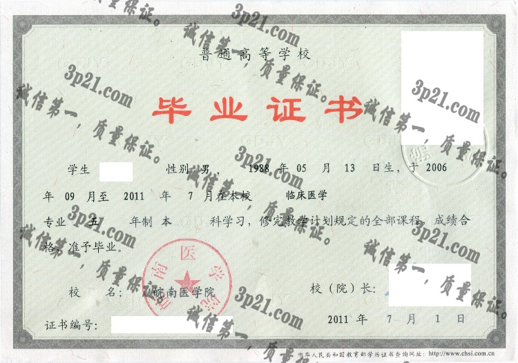 皖南医学院毕业证样本