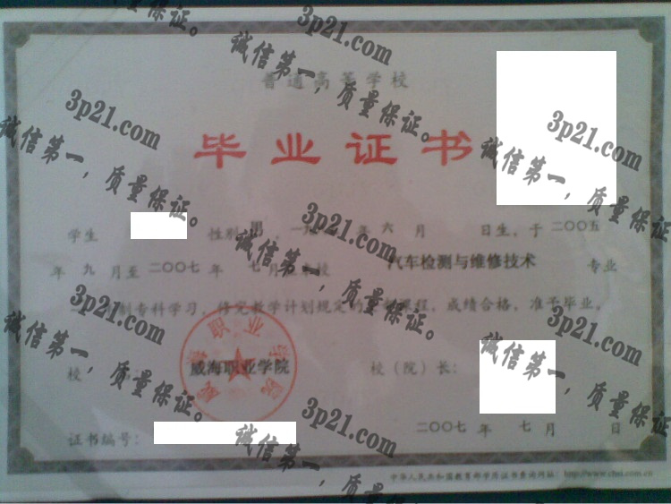 威海职业学院毕业证样本