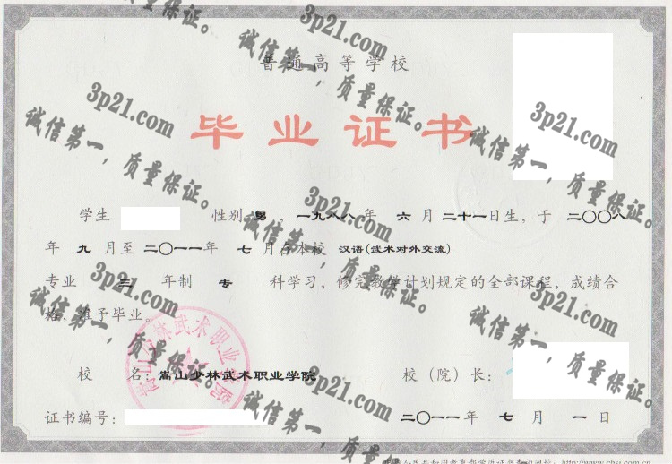 嵩山少林武术职业学院毕业证样本