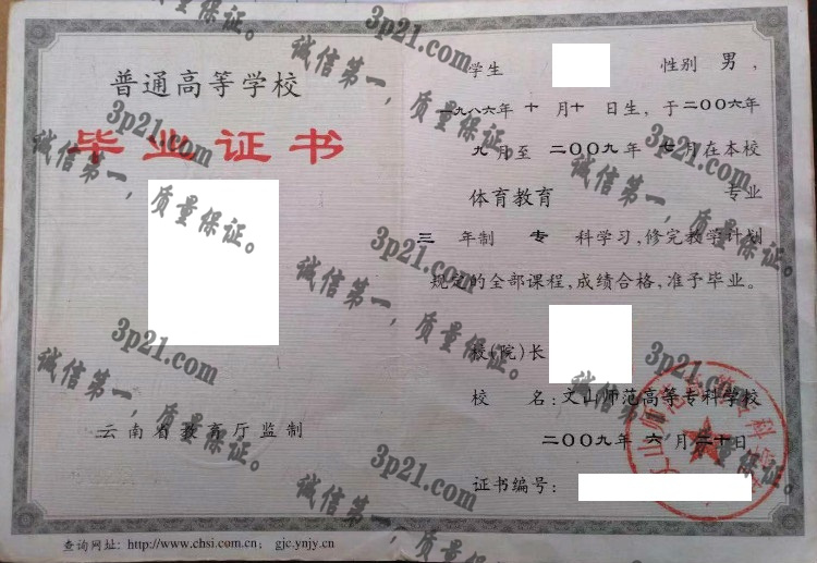 文山师范高等专科学校毕业证样本