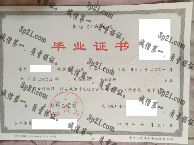 盐城工学院毕业证样本
