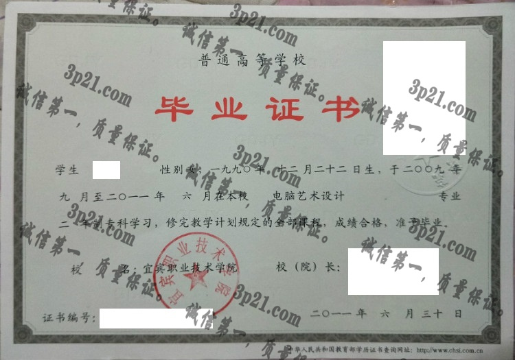 宜宾职业技术学院毕业证样本