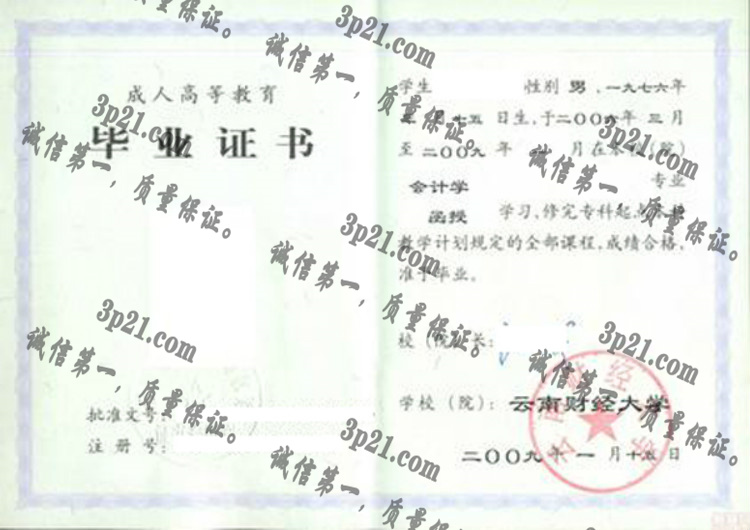 云南财经大学毕业证样本