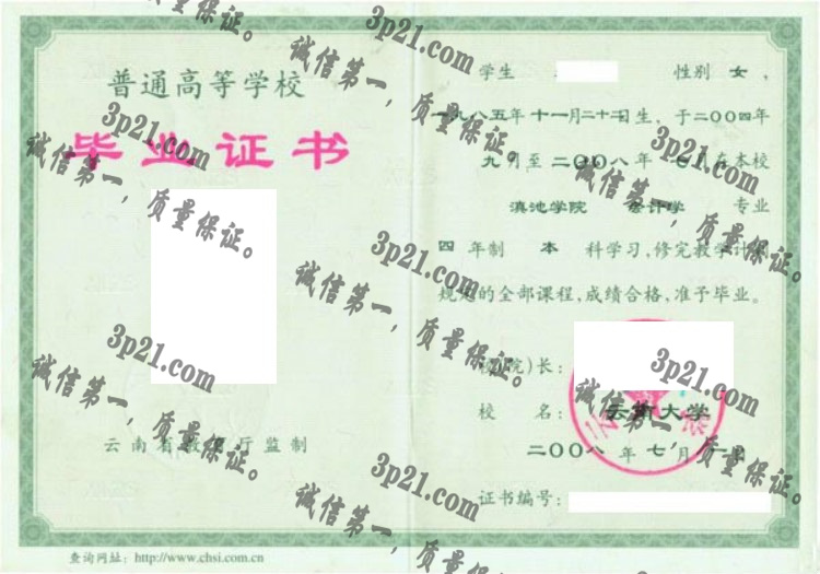 云南大学毕业证样本