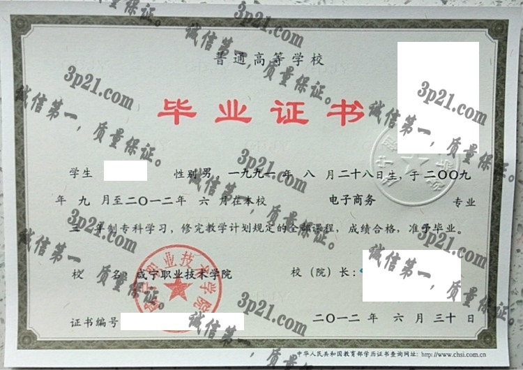 咸宁职业技术学院毕业证样本