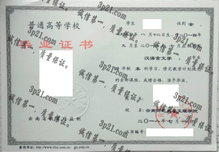 云南师范大学文理学院毕业证样本