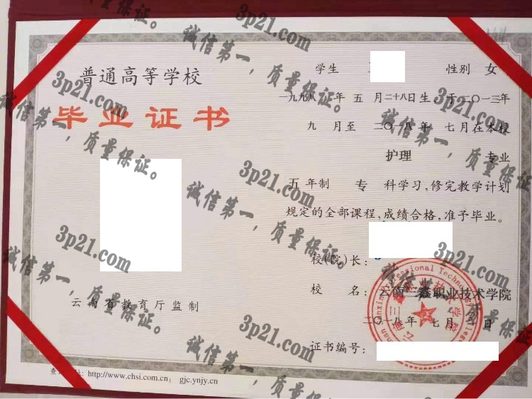 云南三鑫职业技术学院毕业证样本