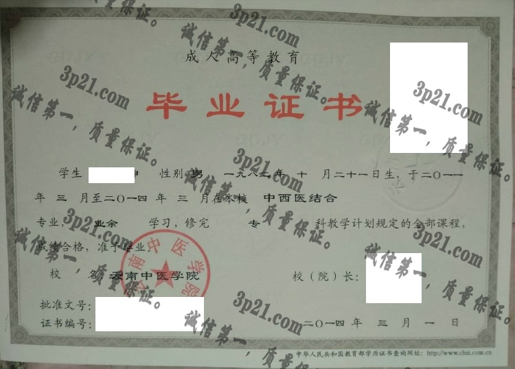 云南中医学院毕业证样本