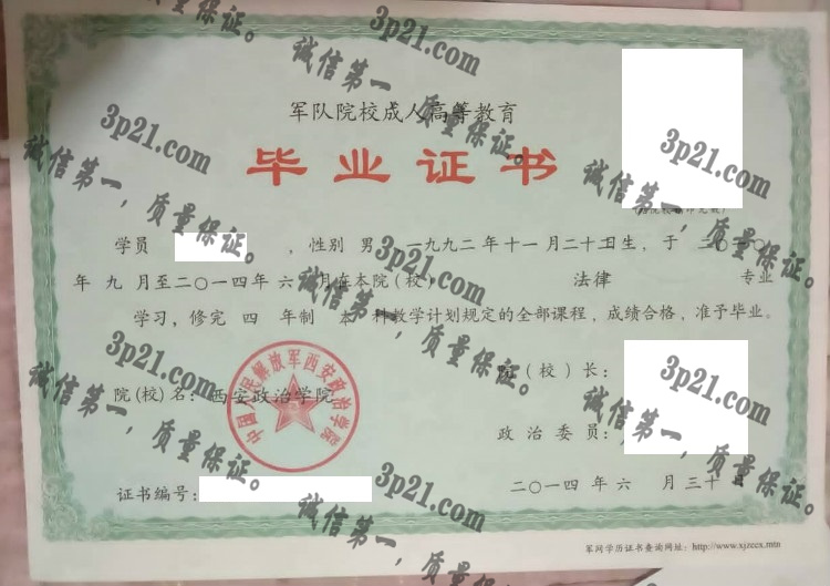 中国人民解放军西安政治学院毕业证样本