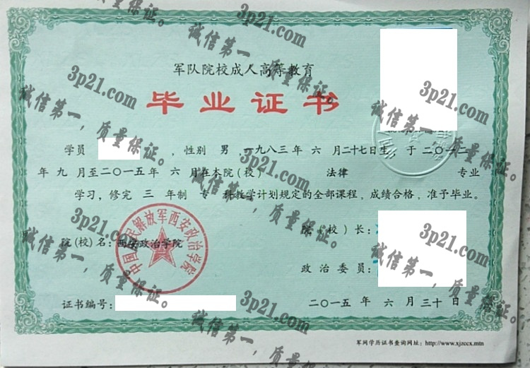 中国人民解放军西安政治学院毕业证样本